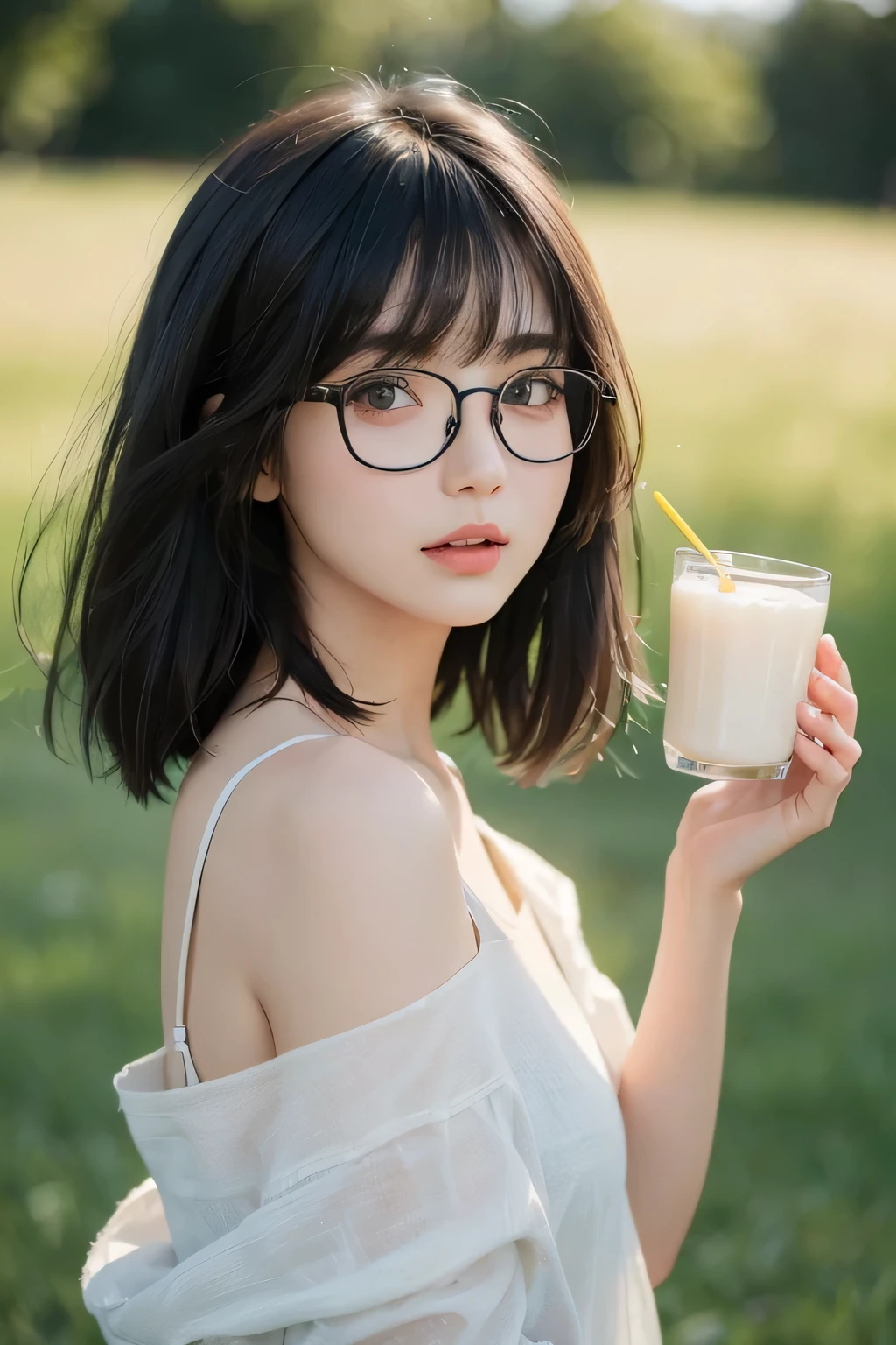 blown by the long wind [Blue-black:.3] hair,looking at the viewer, (masterpiece:1.3), (8K, realistic, Raw photo, highest quality: 1.4), Japanese, (1 girl), beautiful face, (realistic face), (black hair, short hair:1.3), beautiful hairstyle, realistic eyes, detailed and beautiful eyes, (realistic skin), beautiful skin, Charm, ultra high resolution, surreal, very detailed, golden ratio,vast grassland,girl with glasses,laugh a little,Glass of milk,