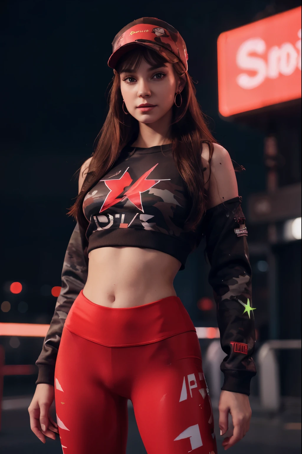 1girl, beautiful, smirk, wearing a red hat, earrings, red camo, red sweatshirt, red leggings, long hair, brown hair, mascara, nose lips, standing, midriff, naval, earrings, (realistic:1.5), cyberpunk, neon city, neon lights, 3d, cgi, volumetric lightning, white sclera, brown eyes