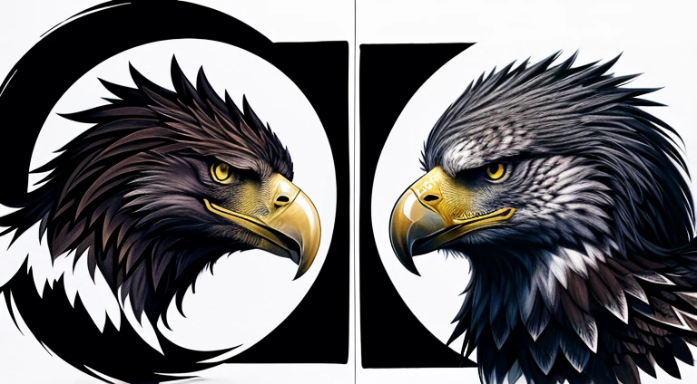 Eagle in fusion with the Wolf only face side by side centered in blooming ink drawing 
