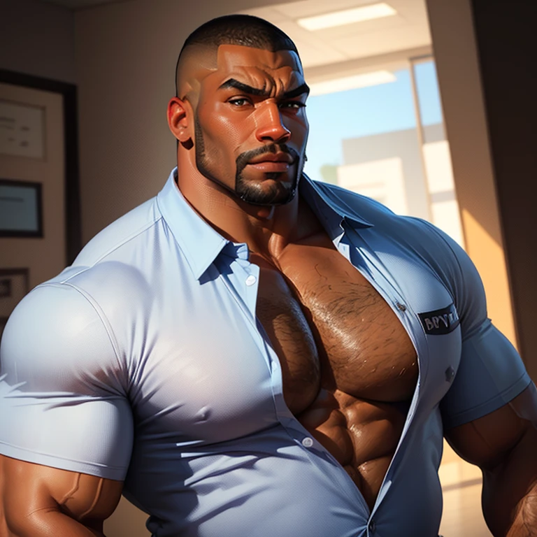 an exaggeratedly muscular and large bodyguard, beefy build, beard, dark-skinned african american male, buzzcut hair with square line, (wearing unbuttoned shirt 1.2), sports logo patch on shirt, (bara pecs: 1.3), (arm and chest hair: 1.1), close-up portrait HD, (sports facility)