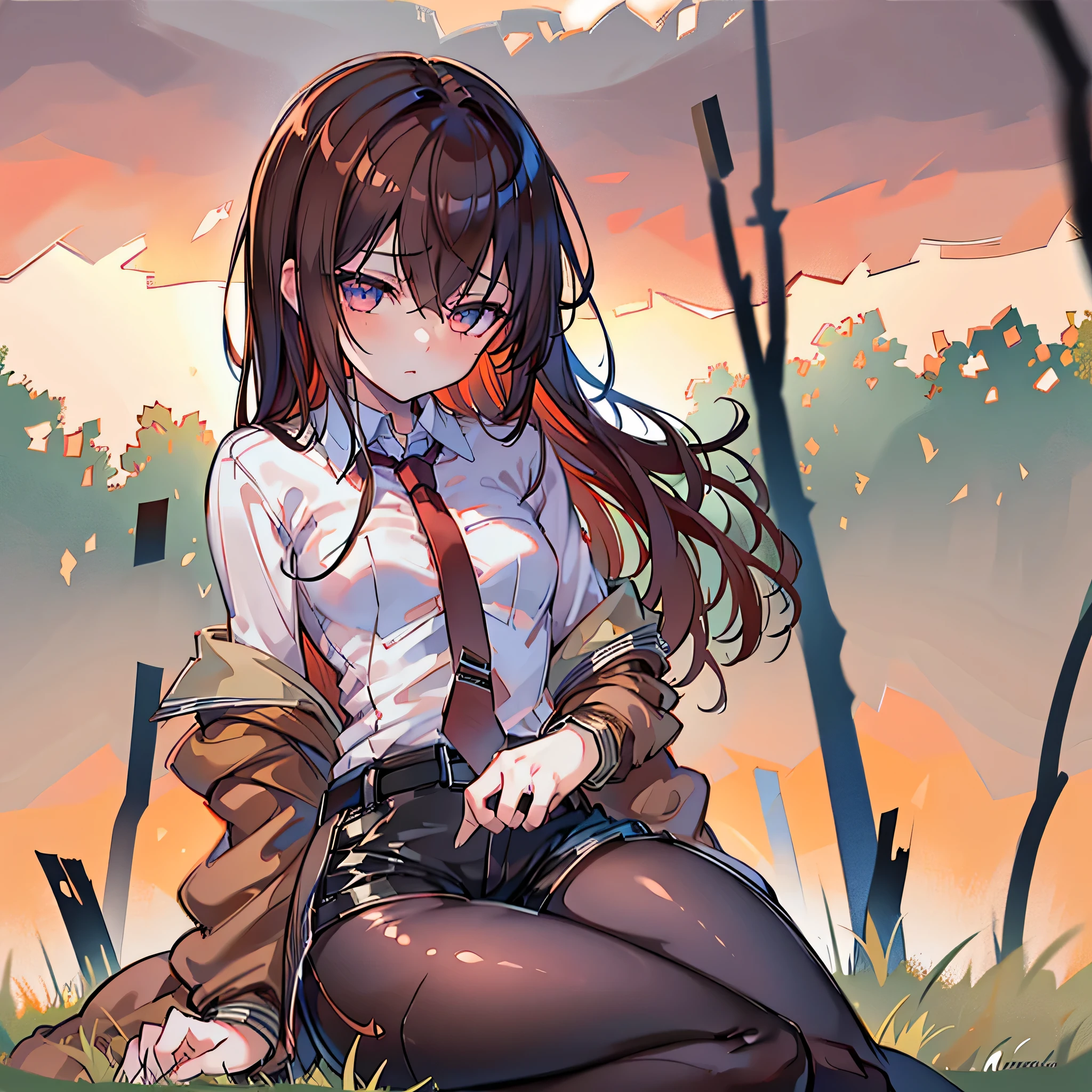 1girl,Makise kurisu, laying on the grass,(masterpiece, best quality), (4K,HD), intricate details, 1girl, pikkykurisu, 1girl, small breasts, brown hair, red hair, long hair, eyes visible through hair, bangs, hair between eyes, blue eyes, purple eyes,shorts, pantyhose, jacket, shirt, red necktie, necktie, belt, white shirt, legwear under shorts, brown jacket, short shorts, long sleeves, black pantyhose, cowboy shot, blush  in front of the sunset,(best quality,4k,8k,high resolution,masterpiece:1.2),ultra-detailed,(realistic,photorealistic,photo-realistic:1.37),vivid colors,yellow colors,beautiful detailed eyes,detailed lips,intense lighting,longeyelashes,intense sunset,relaxed expression,gentle breeze,breathing heavily,peaceful atmosphere,stillness and calmness,tranquil environment,grassy field,warm glow,soft shadows,gentle sunlight,blades of grass in focus,motion blur effect,bright horizon,subtle clouds,serene ambiance,serenity with a touch of excitement,stunning background,spectacular scenery,peaceful and magnificent,harmony between nature and girl,depth and clarity,essence of the moment,complete satisfaction,perfect balance between tranquility and drama,unforgettable experience,Upper look,Only grass and girl is on the focus,no trees, only grass