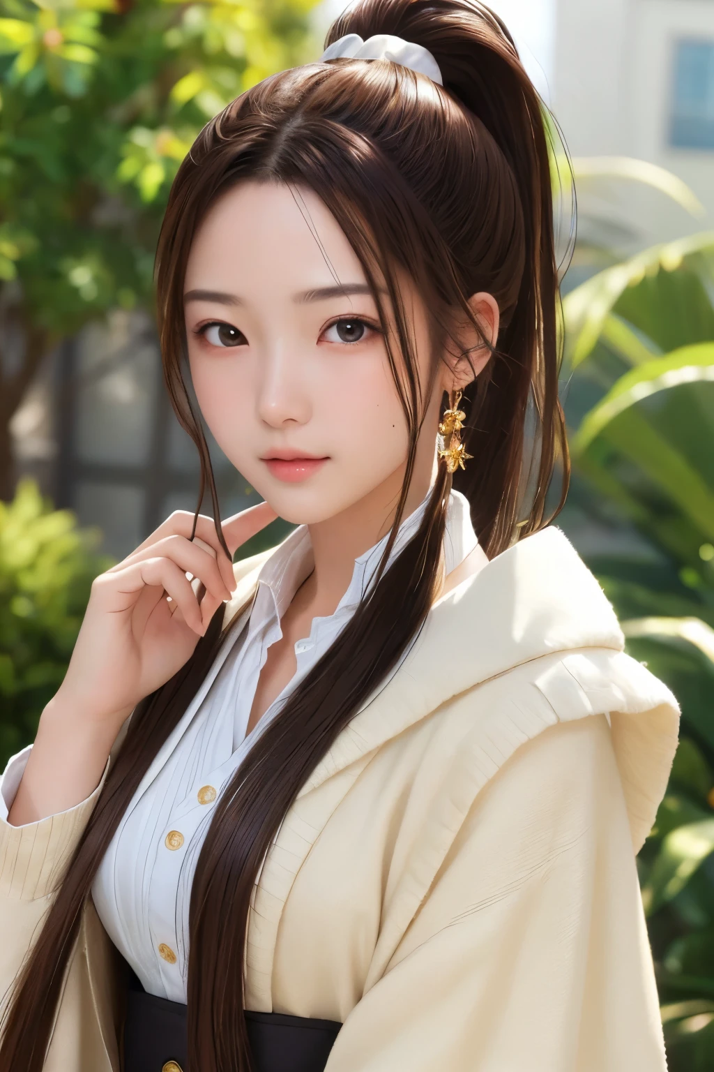 ultra high resolution、masterpiece、highest quality、
highly detailed face、detailed eye、Very difficult、、perfect shiny shiny skin、perfect lighting、detailed lighting、dramatic shadow、ray tracing、、
1 girl、ponytail hairstyle、Upper body、Dandy costume、looking at the viewer、(slight smile:0.4)