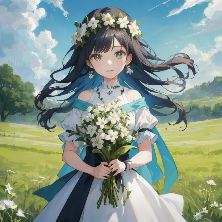 anime girl in a white dress holding a bouquet of flowers, official artwork, guweiz on pixiv artstation, guweiz, guweiz on artstation pixiv, high detailed official artwork, official art, official anime artwork, hestia, artwork in the style of guweiz, anime moe artstyle, guweiz masterpiece, beautiful maiden
