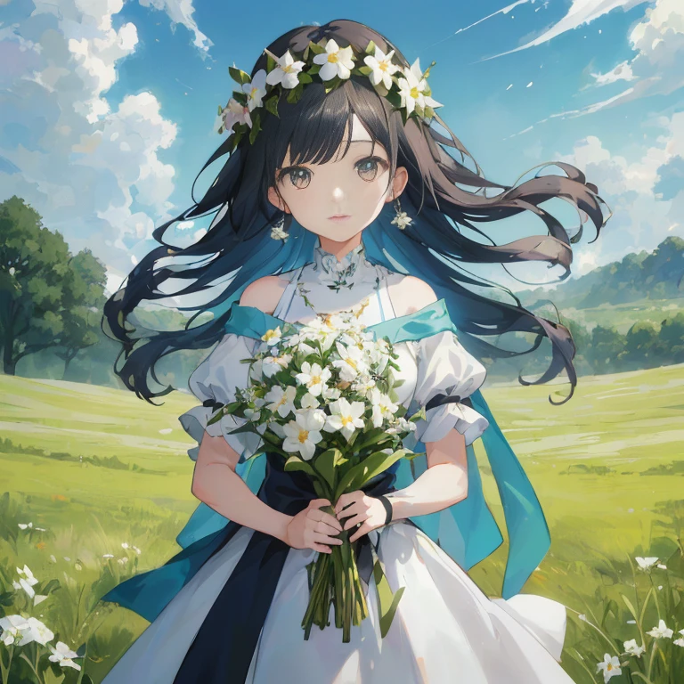 anime girl in a white dress holding a bouquet of flowers, official artwork, guweiz on pixiv artstation, guweiz, guweiz on artstation pixiv, high detailed official artwork, official art, official anime artwork, hestia, artwork in the style of guweiz, anime moe artstyle, guweiz masterpiece, beautiful maiden