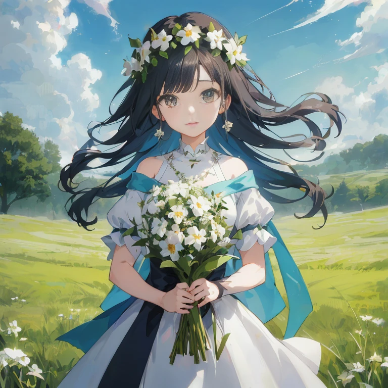 anime girl in a white dress holding a bouquet of flowers, official artwork, guweiz on pixiv artstation, guweiz, guweiz on artstation pixiv, high detailed official artwork, official art, official anime artwork, hestia, artwork in the style of guweiz, anime moe artstyle, guweiz masterpiece, beautiful maiden