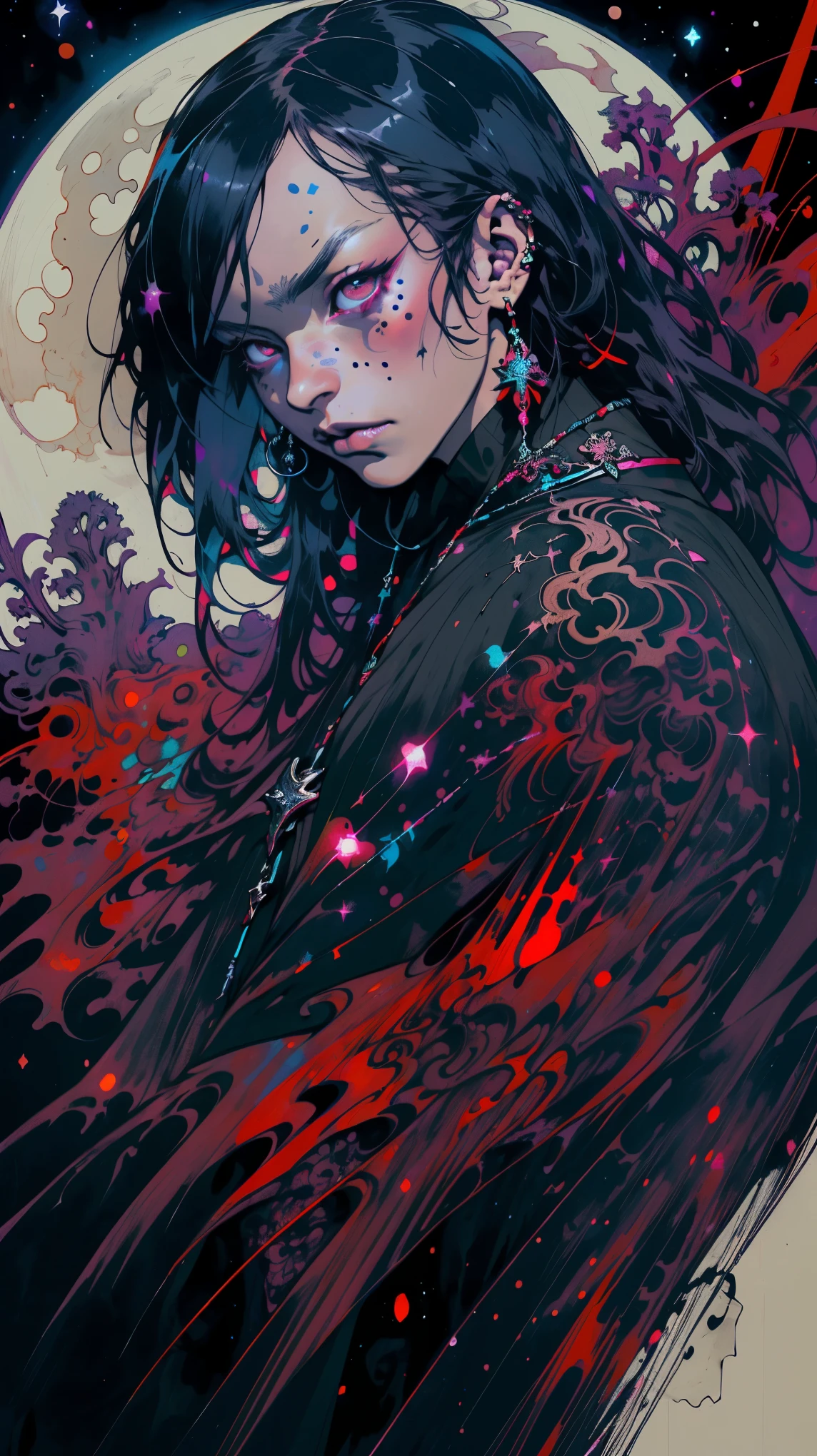 realista, (obra maestra, calidad superior, Mejor calidad, arte oficial, Beauty, atmospheric, cosmic, Gothic, Psychedelic, dreamlike, horror, al estilo de tokyo ghoul y devil may cry: 1.2), Muy detallado, Fractal Art, vistoso, more detailed, zentangle, (fondo abstracto: 1.5) (1 chico: 1.3), Ghoul, los cuernos de oni, long White cabello, cabello, (ojos rojos brillantes, toneladas de tatuajes y piercings), misterioso, (magia oscura), hombre guapo, Japanese folklore style