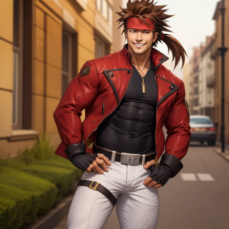 (masterpiece, best quality:1.2), cowboy shot, solo, male focus, 1boy, sol badguy, muscular male, grin, looking at viewer, hand on hip, brown hair, ponytail, headband, red jacket, white pants, fingerless gloves, belt
