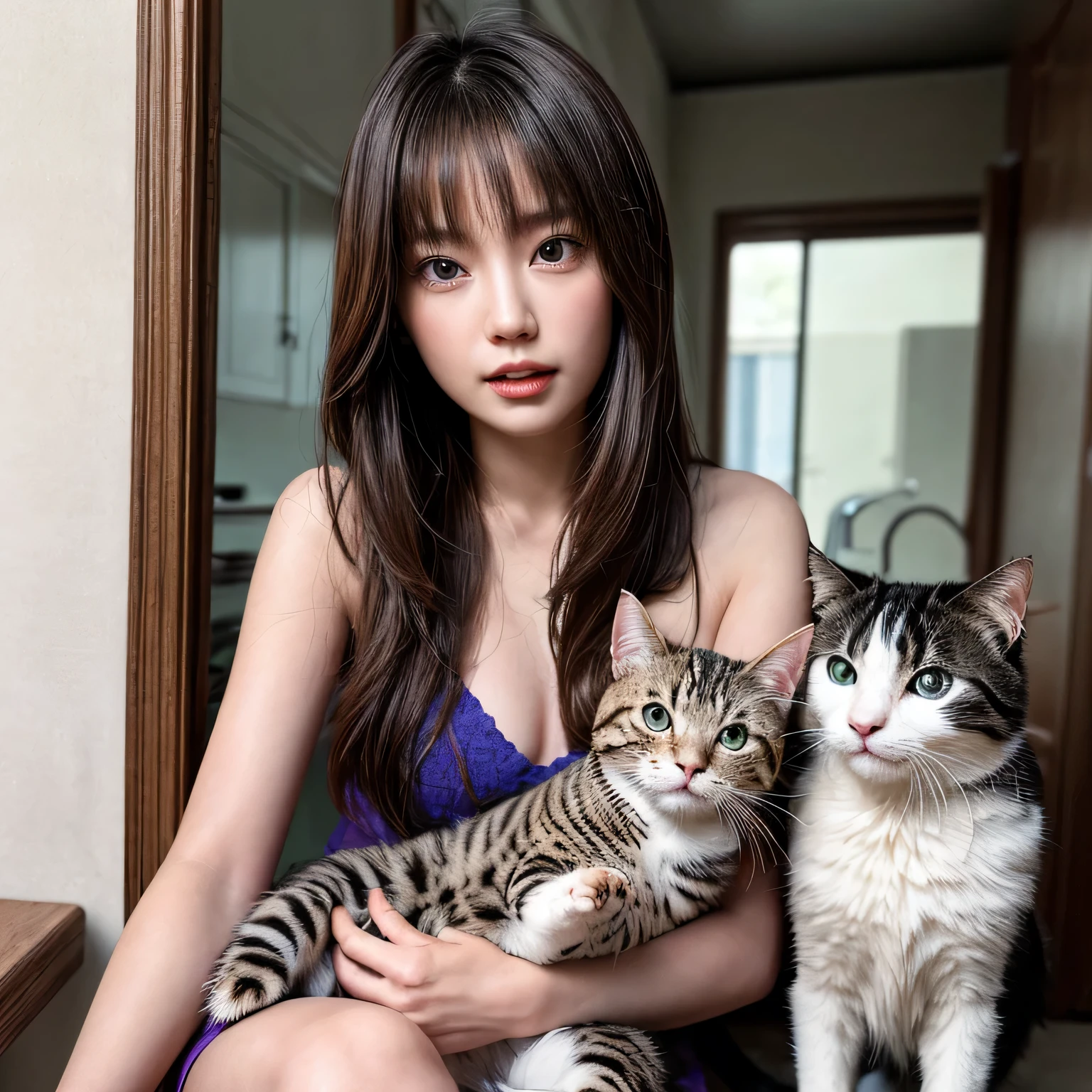 Identical twin sisters holding a cat　Beautiful woman　24-years-old　laughter　Asian　hair length