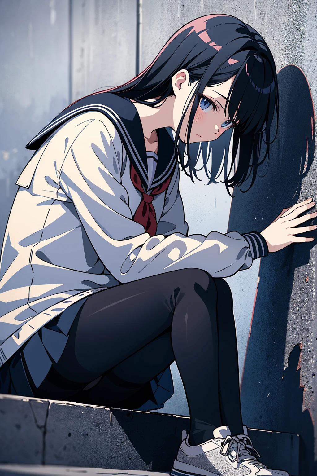 (anime)，masterpiece，top quality，best quality，cinematic shadow，(low angle)，(a woman)，solo，anime girl，(extremely detailed hair and face)，(Sailor suit and pleated skirt with pantyhose)，bare neck，[sports shoes]，sitting on the steps，Graffiti wall background，(trend)，scupper，[telephone pole]，dark feeling，dark tones