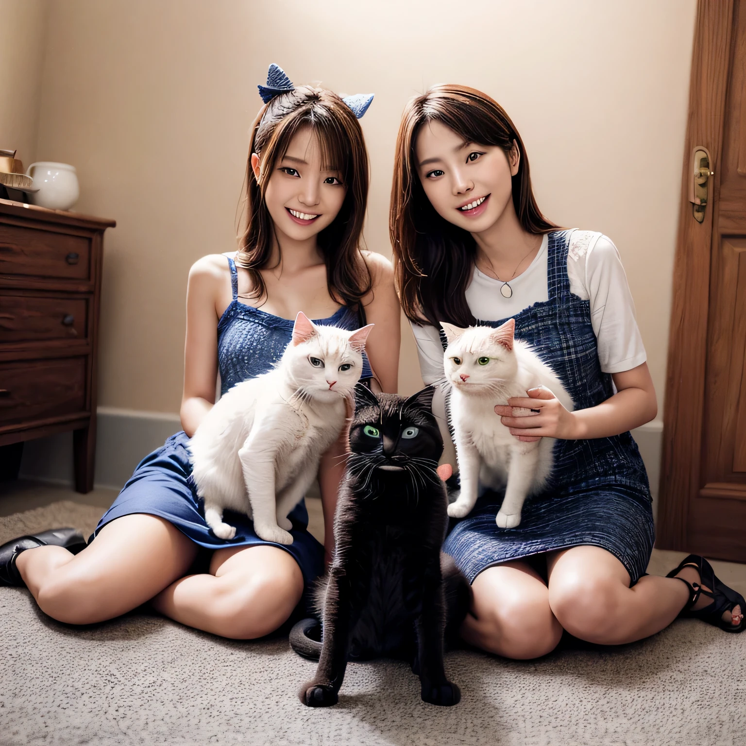 Identical twin sisters holding a cat　Beautiful woman　24-years-old　laughter　Asian　hair length