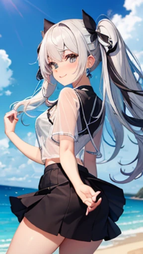 （Glasses）、The arrival of autumn、big butt、big butt、 Super detailed,bright colors, very beautiful detailed anime face and eyes,highest quality, hyper detail, masterpiece, look straight, ;shiny_skin,girl, ((long hair、gradation hair , Half white hair、Half dark blue hair: 1.5)) 、forehead is exposed、shiny hair, delicate beautiful face, blush、(turquoise eyes), White skin, Valletta, Mature earrings,、sandy beach、blue sky、Wind、((ribbon、msfw.(Diamond pattern、See-through brown extremely tight skirt)))、twin tails、smile、happy face、face dyed red、dynamic、show off your butt