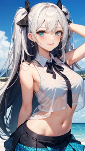 (Glasses)、The arrival of autumn、big butt、big butt、 Super detailed,bright colors, very beautiful detailed anime face and eyes,highest quality, hyper detail, masterpiece, look straight, ;shiny_skin,girl, ((long hair、gradation hair , Half white hair、Half dark blue hair: 1.5)) 、forehead is exposed、shiny hair, delicate beautiful face, blush、(turquoise eyes), White skin, Valletta, Mature earrings,、sandy beach、blue sky、Wind、((ribbon、msfw.(Diamond pattern、See-through brown extremely tight skirt)))、twin tails、smile、happy face、face dyed red、dynamic、show off your butt