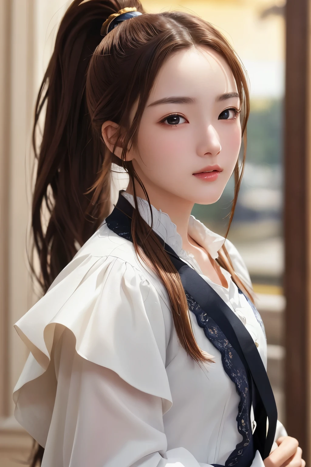 ultra high resolution、masterpiece、highest quality、
highly detailed face、detailed eye、Very difficult、、perfect shiny shiny skin、perfect lighting、detailed lighting、dramatic shadow、ray tracing、16 years old、
1 girl、ponytail hairstyle、Upper body、Dandy costume、looking at the viewer、(slight smile:0.4)