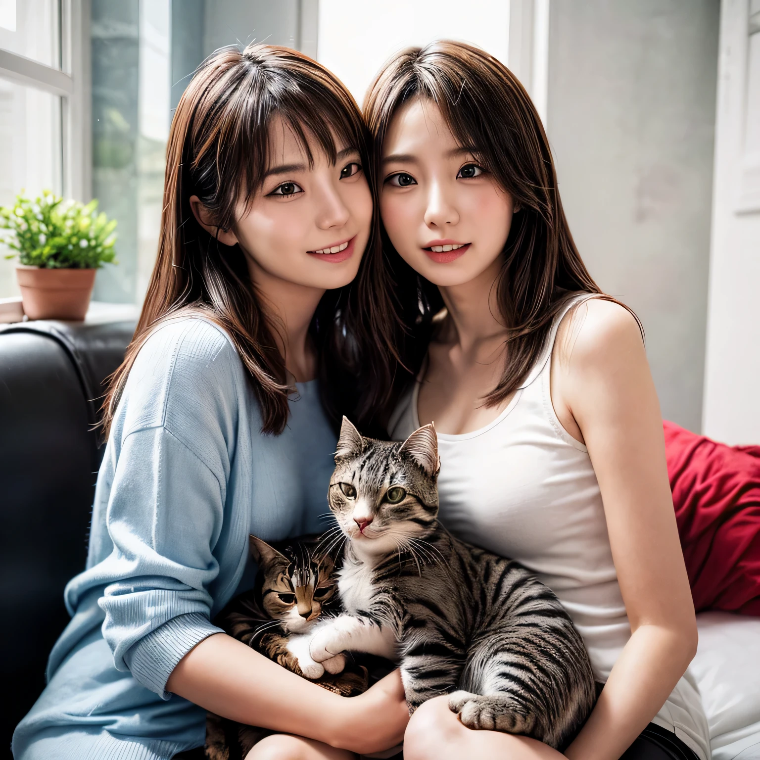 Identical twin sisters holding a cat　Beautiful woman　24-years-old　laughter　Asian　hair length