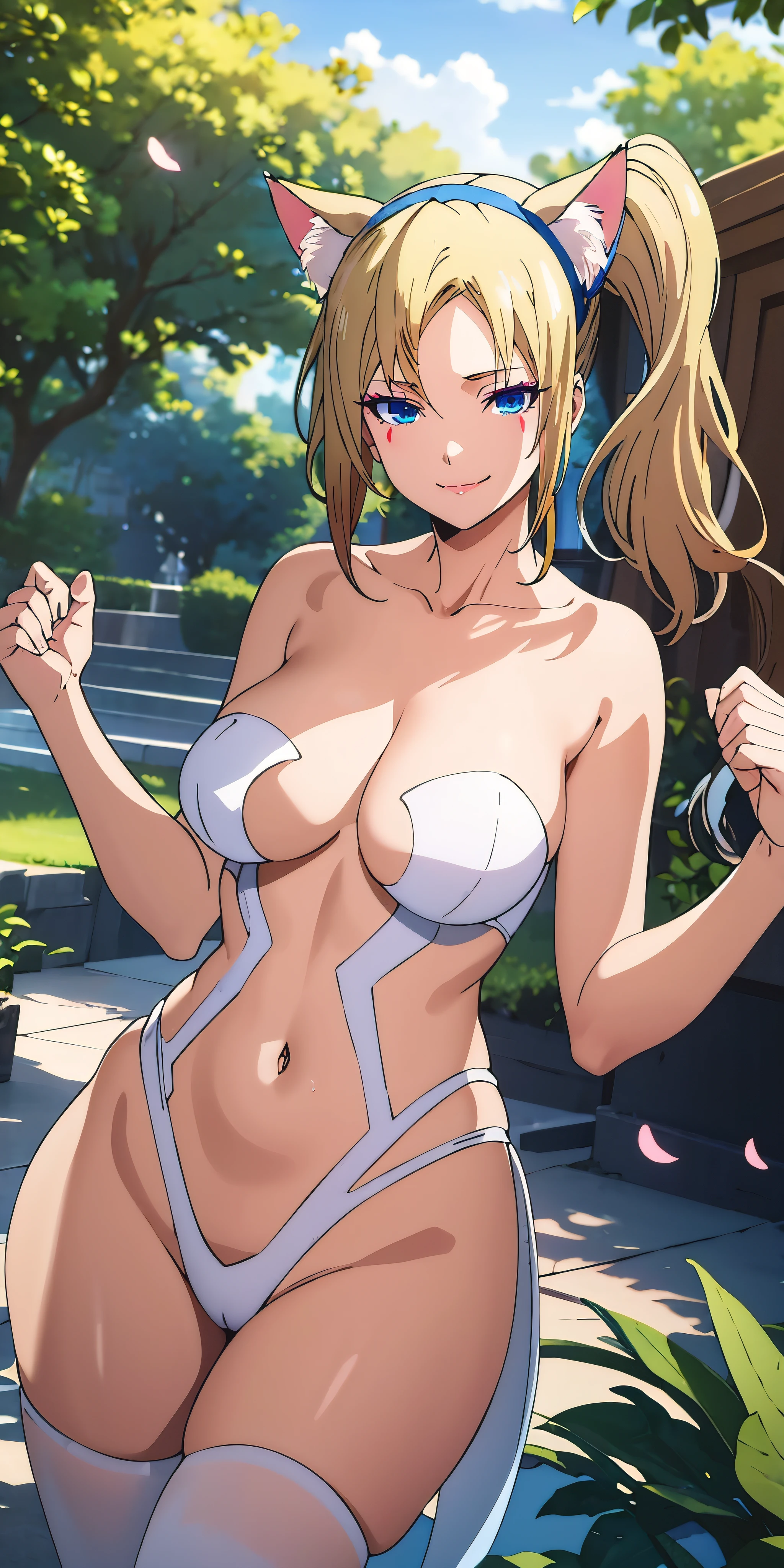anatomically correct, best quality, masterpiece, high quality, high details, highres, HD, (shaded face:1.2), hollow eyes, blue eyes, looking at viewer, smirk, upper teeth, tsunade, blonde hair, blue eyes, side ponytail, scrunchie, huge , sagging breastsing, "Photorealistic, Hyperrealistic, Hyperdetailed, analog style, lighting, subsurface scattering, realis heavy shadow, masterpiece, best quality, ultra realistic, 8k, golden ratio, Intricate, High Detail, film photography, soft focus, fantasy art, cat_ears, animal_ears, 1girl, cat_tail, petals, breasts, rating:safe, _at_viewer, tail, blue_eyes, large_breasts, blue_hair, solo, paw_hair, navel, fur, smile, collarbone, leaf, bare_shoulders, tree, closed_mouth, thighs, standing, hairband, day