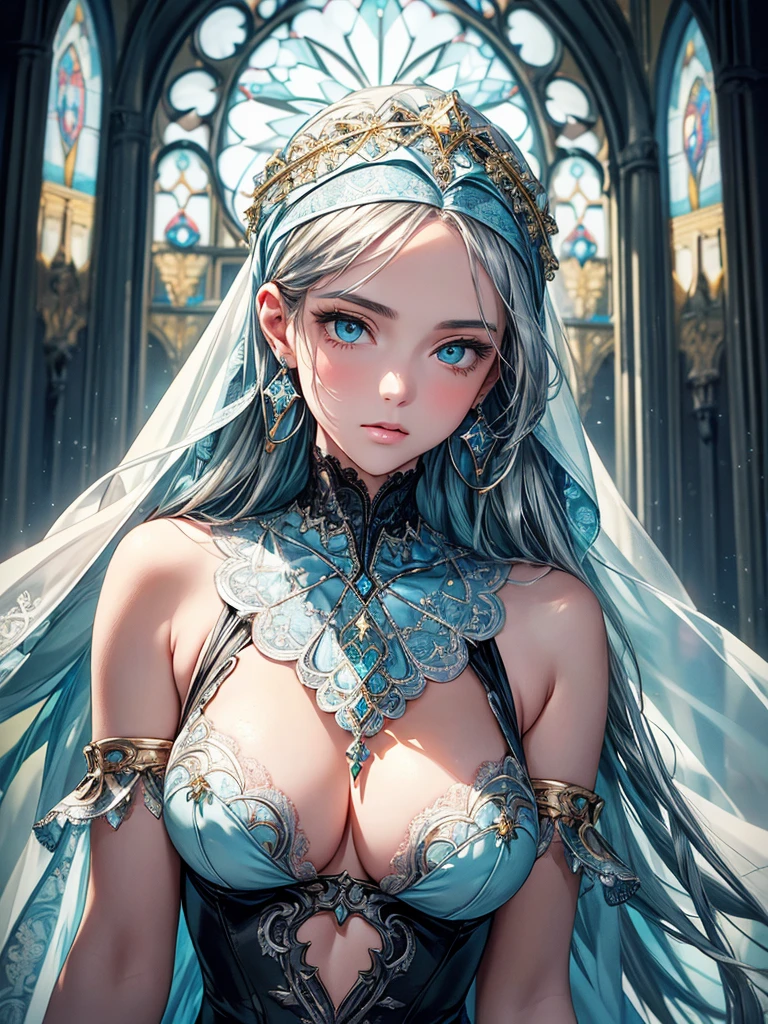 (best quality, high resolution, masterpiece:1.2), Super detailed, Beautiful and delicate lake green eyes, Beautiful and delicate lips, extremely detailed face, super long hair, 1 girl, Beautiful girl with aqua blue hair, Wearing a dark blue Luminous nun costume, Lace platinum nuns headscarf, (gold ornaments), ((golden and silver pattern)), (light blue pattern:1.37), (complex pattern:0.9), Lovely, attractive, portrait, delicate eyes, ancient church, Luminous earrings, Reflective pupil, see-through clothing design, (empty:0.7), chiffon, (lace:0.7), black gloves, Cubist Futurism, anime, Cubist Futurism, anime, 8K, textured skin, UHD, ccurate, textured skin, super detail, UHD, ccurate