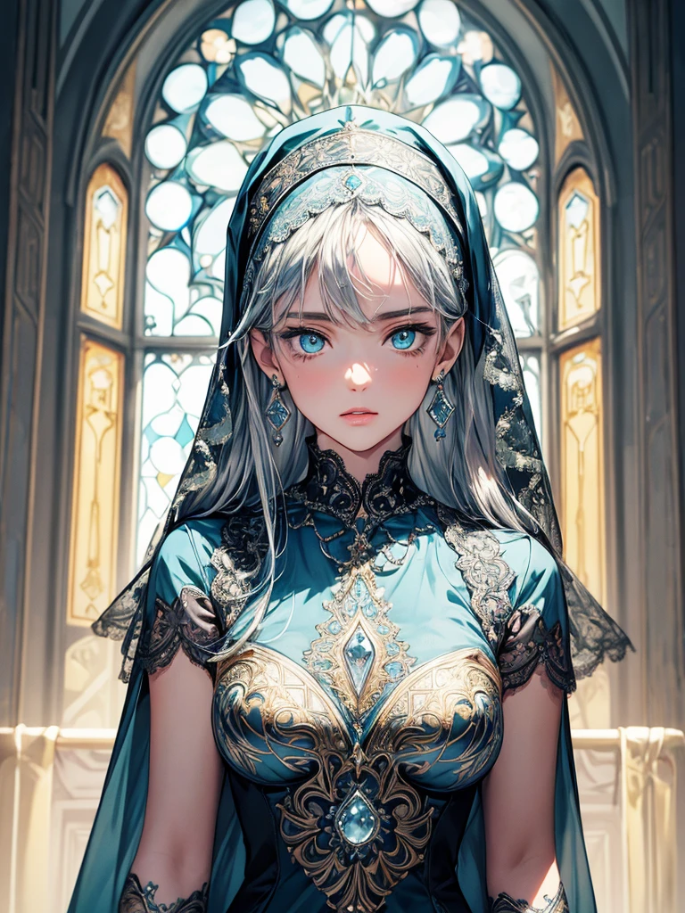 (best quality, high resolution, masterpiece:1.2), Super detailed, Beautiful and delicate lake green eyes, Beautiful and delicate lips, extremely detailed face, super long hair, 1 girl, Beautiful girl with aqua blue hair, Wearing a dark blue Luminous nun costume, Lace platinum nuns headscarf, (gold ornaments), ((golden and silver pattern)), (light blue pattern:1.37), (complex pattern:0.9), Lovely, attractive, portrait, delicate eyes, ancient  church, Luminous earrings, Reflective pupil, see-through clothing design, (empty:0.7), chiffon, (lace:0.7), black gloves, Cubist Futurism, anime, Cubist Futurism, anime, 8K, textured skin, UHD, ccurate, textured skin, super detail, UHD, ccurate