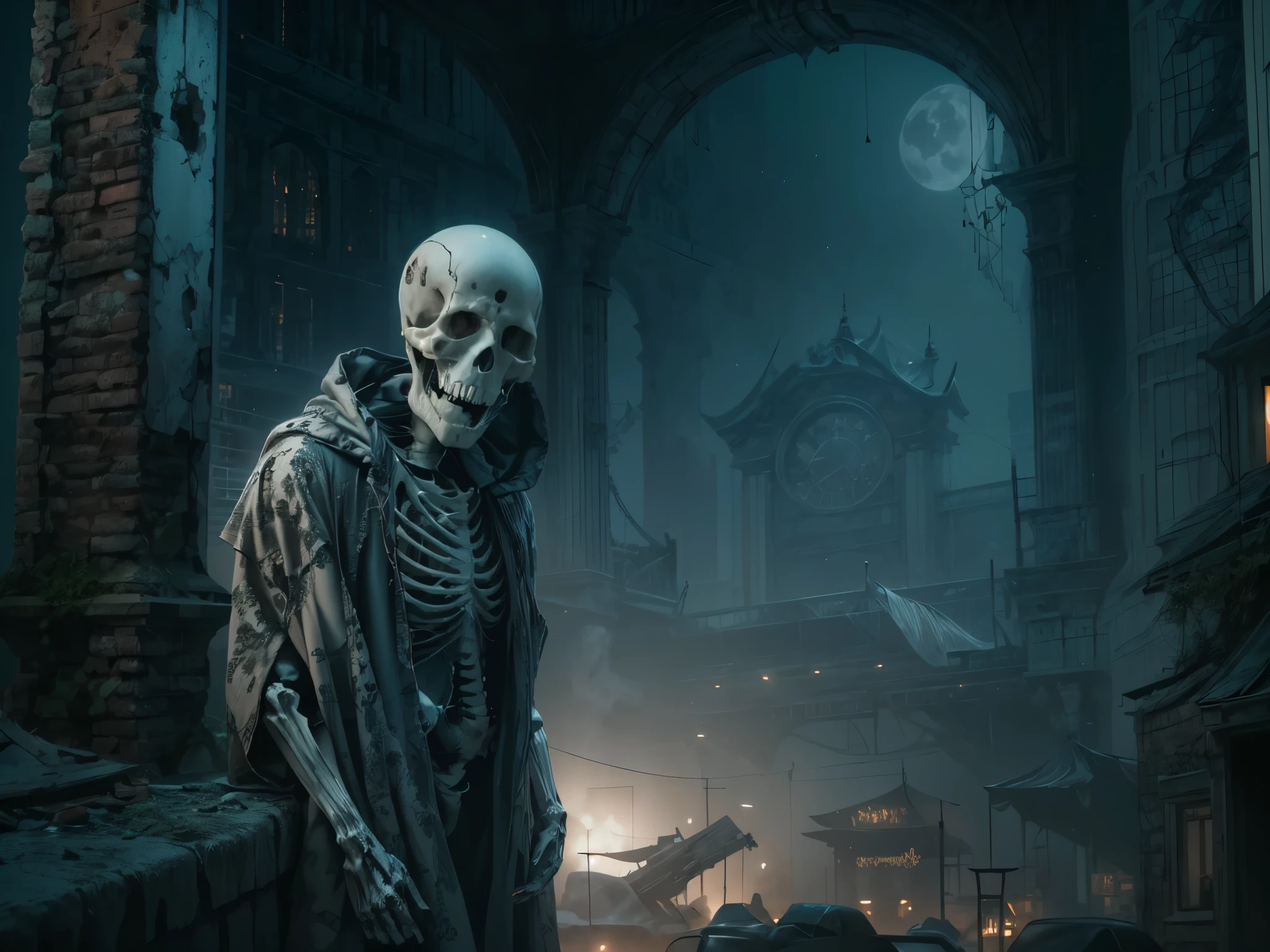 A skeleton ghost in tattered robes. Appearing above the mist-shrouded grave, The atmosphere was terrifying.,lonely,low light,The backdrop is a ruined city.,night time,Lights float in the air,It&#39;s dim.,fade away,The images are highly realistic.,8k, Pictures from horror movies,cyberpunk