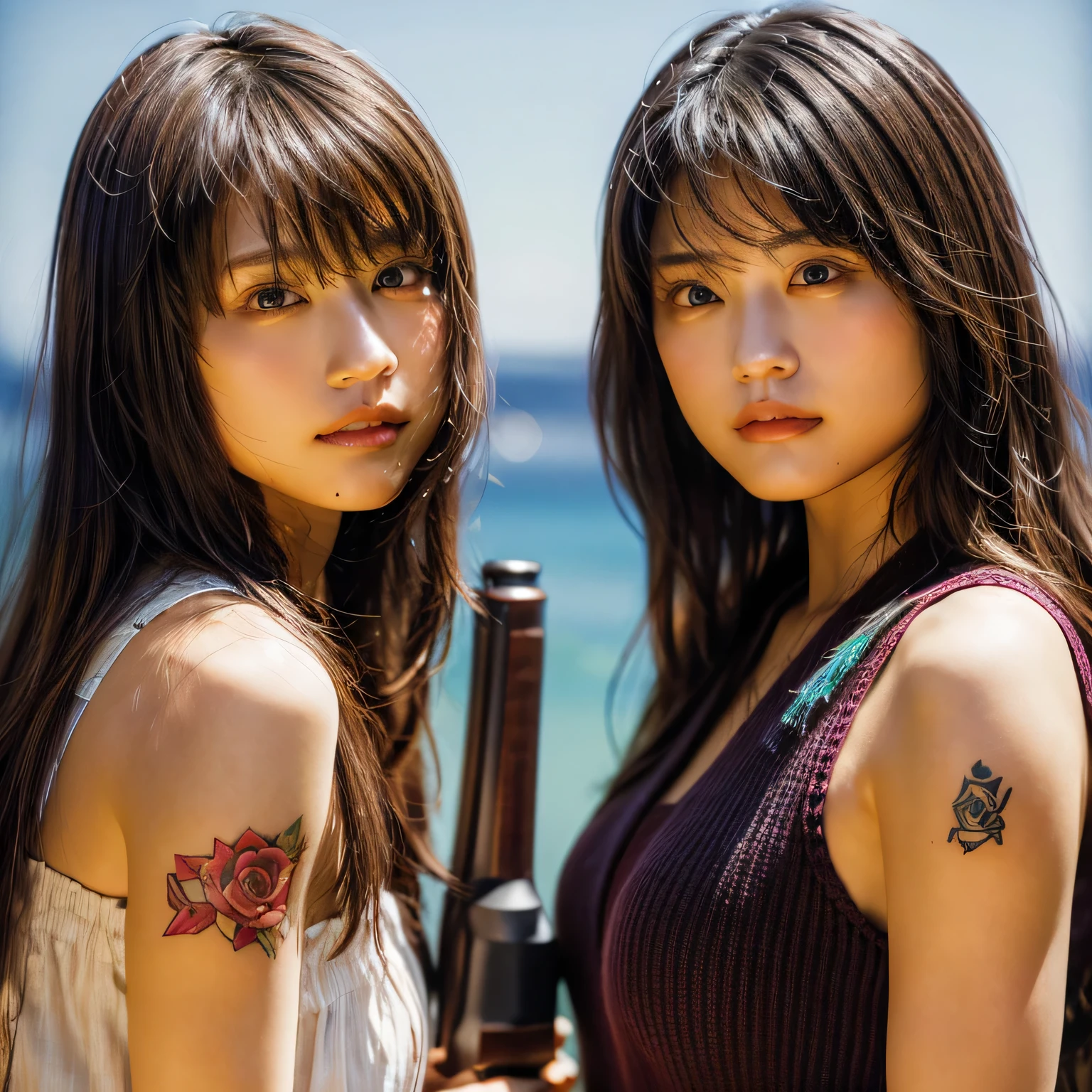 identical twin sisters、realistic、realistic skin texture、automatic rifle、tattoo