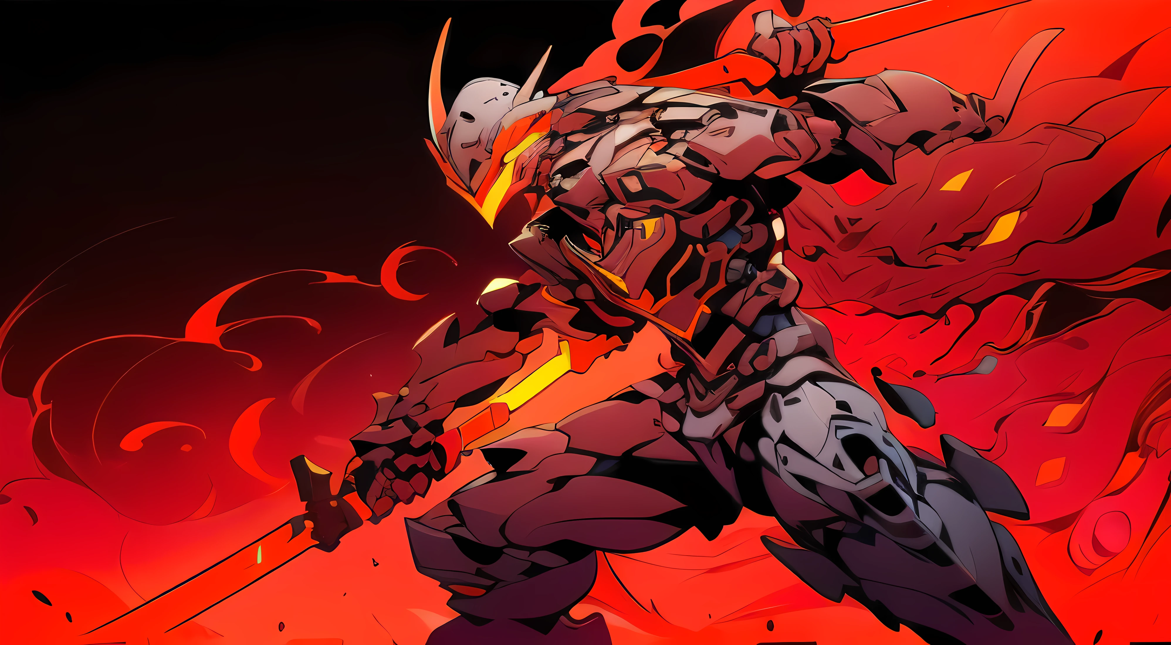 (((Masterpiece)), ((Best Quality)), 8K, High Detail, Ultra Detail, A Cool Mech Wearing a V-shaped Helmet, Colorful Glow Mech Set, Wielding a Red Glowing Longsword, Posing for Battle, Close-up. In the background, many monsters lurk in the smoky atmosphere.