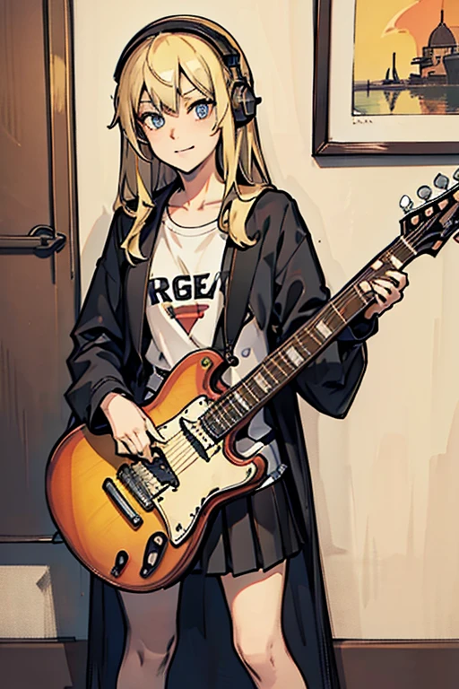 ((masterpiece,highest quality))1 girl, alone, black skirt, blue eyes, electric guitar, guitar, headphones, holding, holding plectrum, musical instrument, long hair, , music, one side up, blonde, guitarを弾く, pleated skirt, Colorful shirts, Indoors, looking down、looking at the camera
