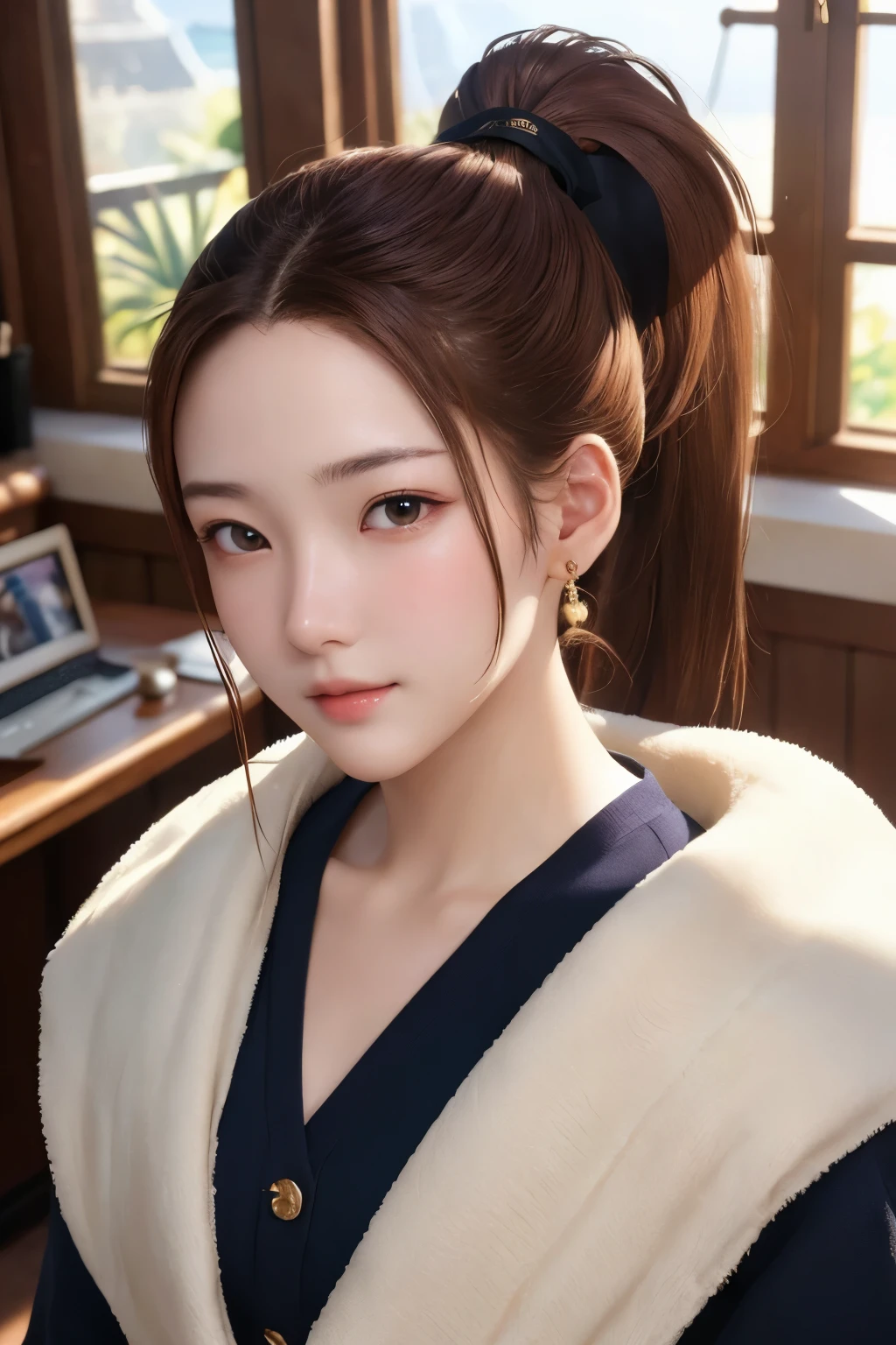 ultra high resolution、masterpiece、highest quality、
highly detailed face、detailed eye、Very difficult、、perfect shiny shiny skin、perfect lighting、detailed lighting、dramatic shadow、ray tracing、16 years old、
1 girl、ponytail hairstyle、Upper body、Cottage Core costume、looking at the viewer、(slight smile:0.4)