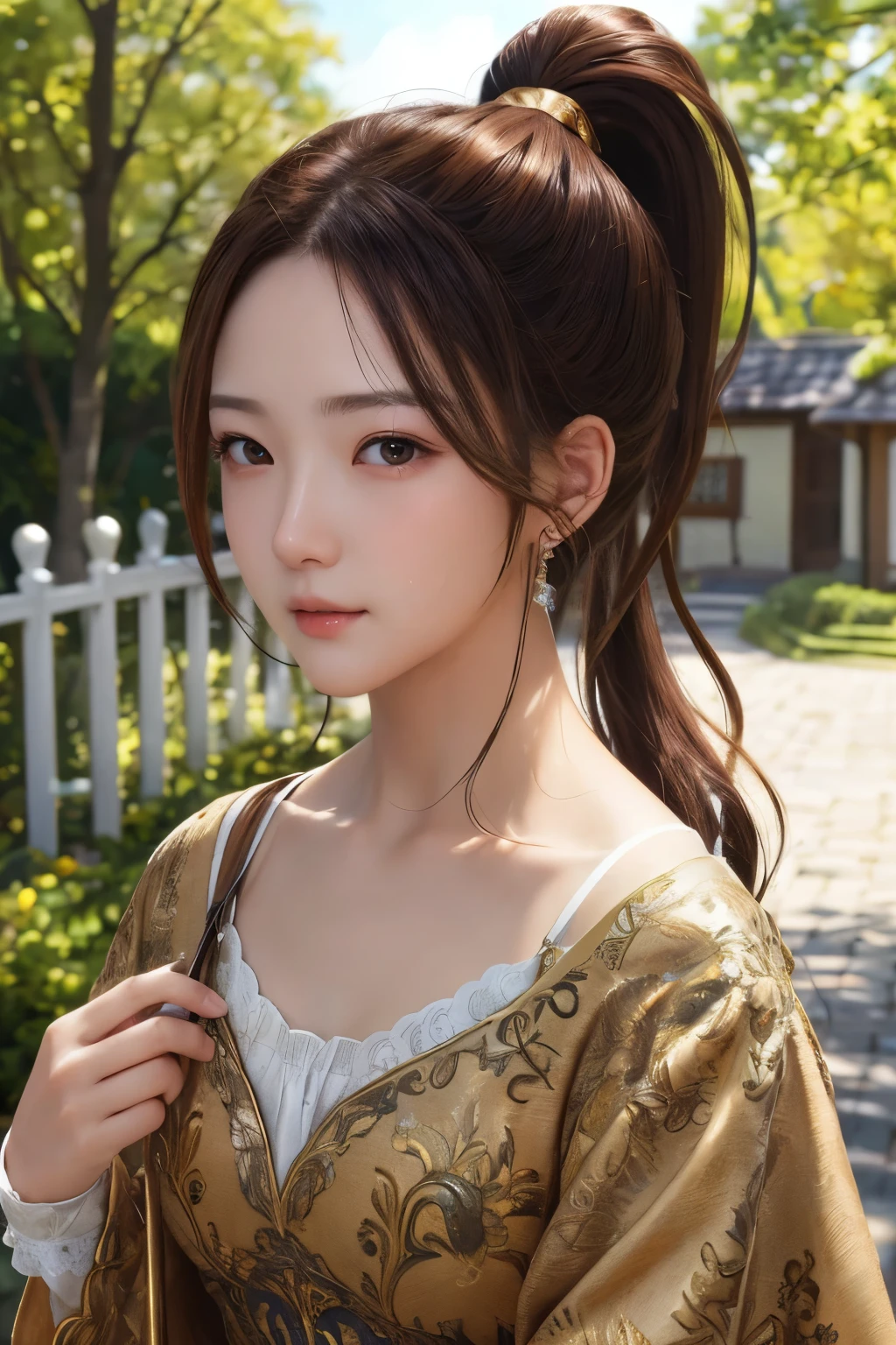 ultra high resolution、masterpiece、highest quality、
highly detailed face、detailed eye、Very difficult、、perfect shiny shiny skin、perfect lighting、detailed lighting、dramatic shadow、ray tracing、16 years old、
1 girl、ponytail hairstyle、Upper body、Cottage Core costume、looking at the viewer、(slight smile:0.4)