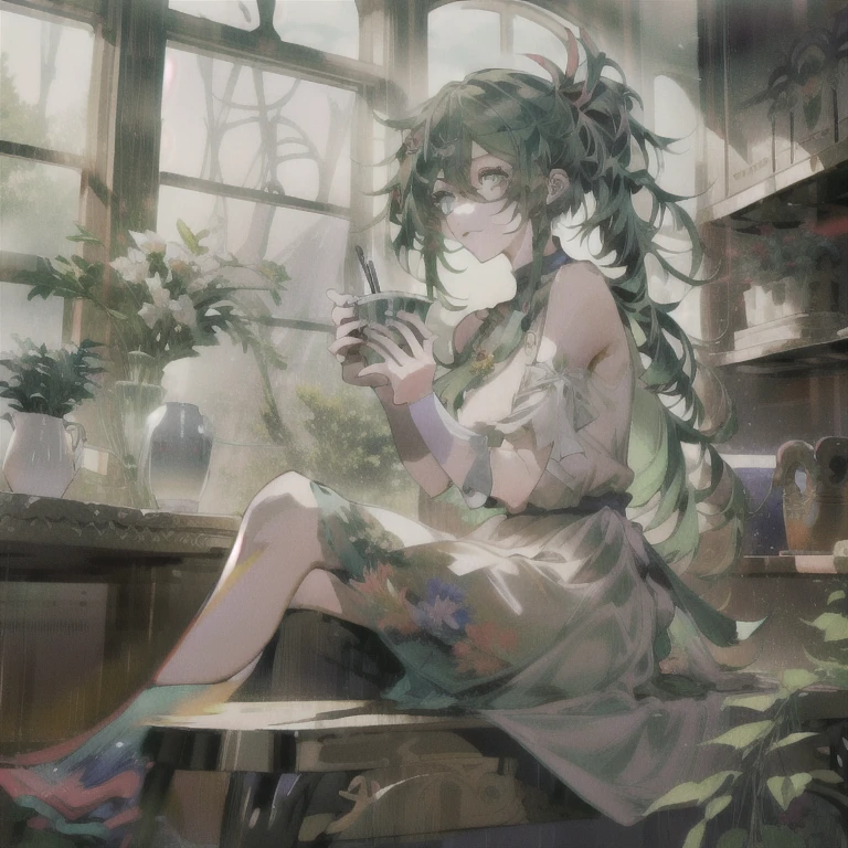 anime girl with green hair sitting on a table holding a cup, cute anime waifu in a nice dress, guweiz on pixiv artstation, lady palutena, best anime 4k konachan wallpaper, guweiz, anime visual of a cute girl, guweiz on artstation pixiv, trending on artstation pixiv