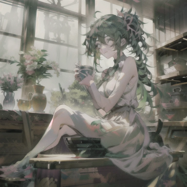 anime girl with green hair sitting on a table holding a cup, cute anime waifu in a nice dress, guweiz on pixiv artstation, lady palutena, best anime 4k konachan wallpaper, guweiz, anime visual of a cute girl, guweiz on artstation pixiv, trending on artstation pixiv