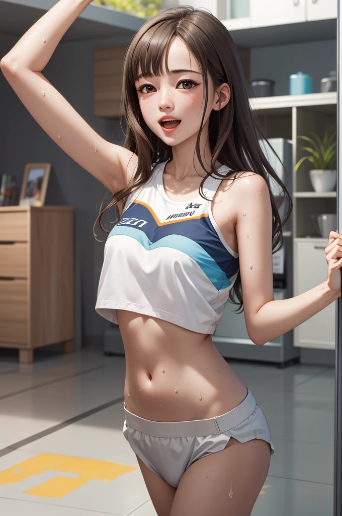 ((masterpiece)), (best quality), official art, extremely detailed CG, unity 8k wallpaper, ultra detailed,
yukarihan, 1girl, cheerleader, long hair, navel,  happy, sweat, 
Apartment Building, 
 