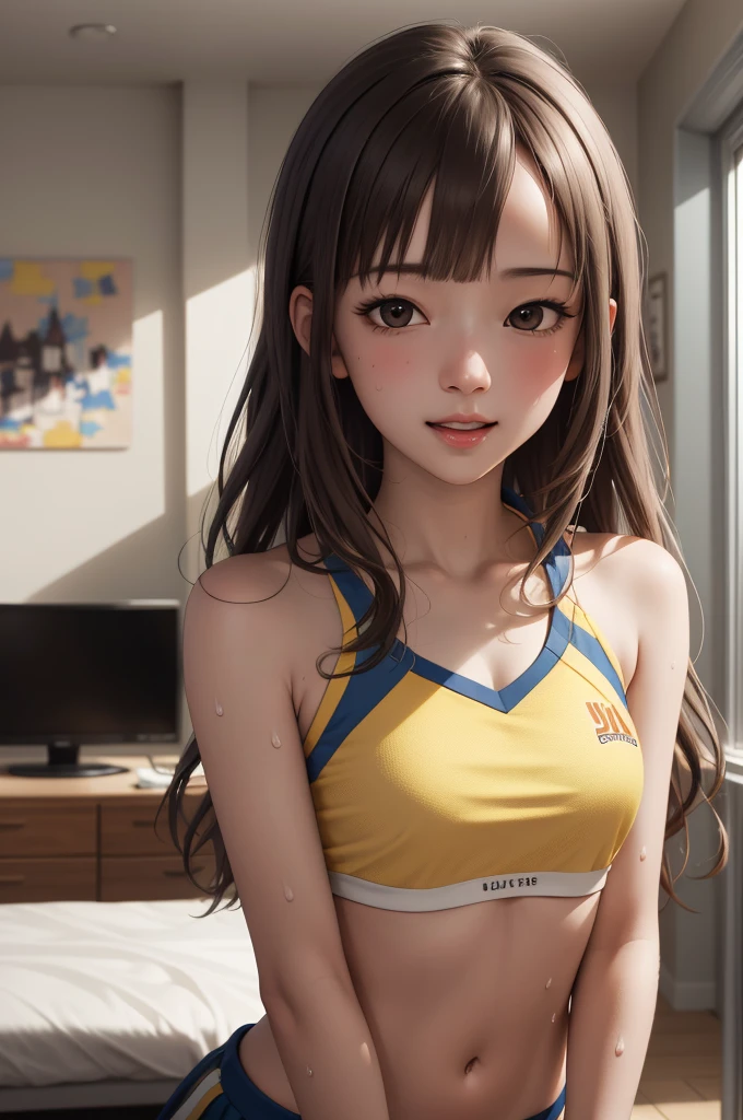 ((masterpiece)), (best quality), official art, extremely detailed CG, unity 8k wallpaper, ultra detailed,
yukarihan, 1girl, cheerleader, long hair, navel,  happy, sweat, 
Apartment Building, 
 