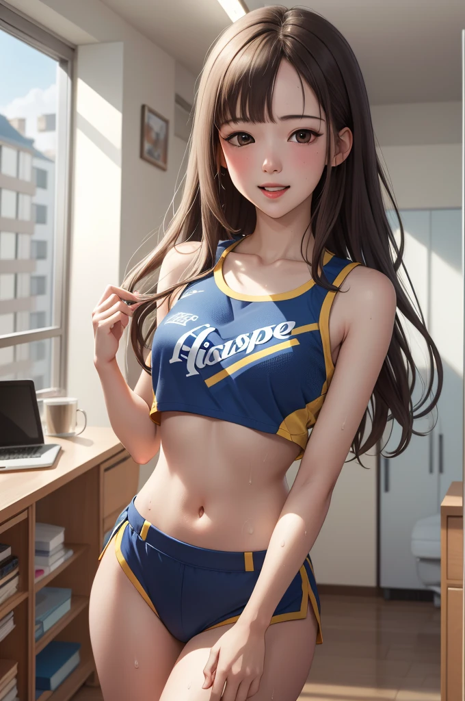 ((masterpiece)), (best quality), official art, extremely detailed CG, unity 8k wallpaper, ultra detailed,
yukarihan, 1girl, cheerleader, long hair, navel,  happy, sweat, 
Apartment Building, 
 