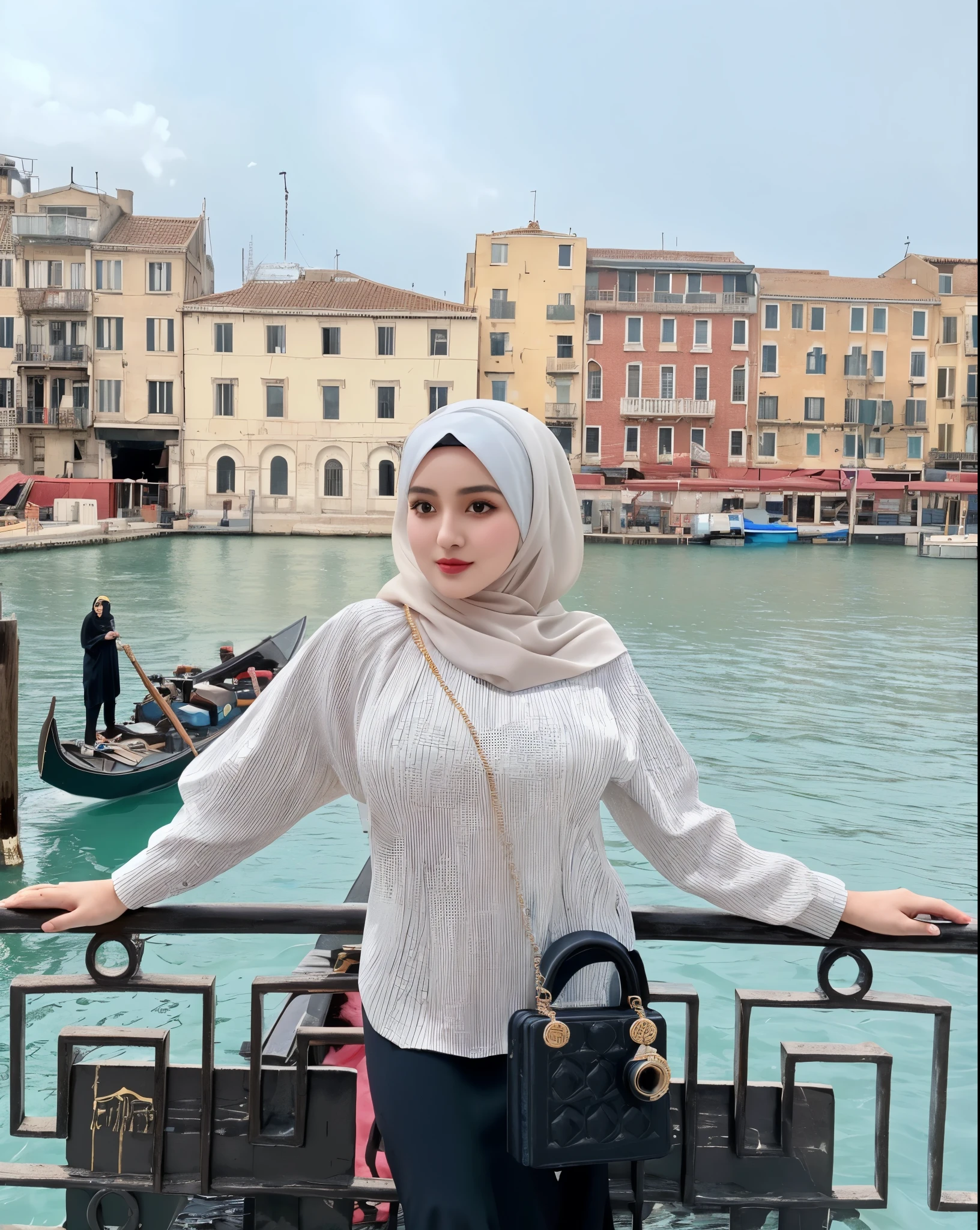RAW photo of a 24 year old girl wearing hijab, satin abaya sexy sea foam   , satin, hijab face portrait,((tp background)), 8k uhd, dslr, soft lighting, high quality, film grain, Fujifilm XT3, covered dress, patterned dress, gigantic breasts:1.5