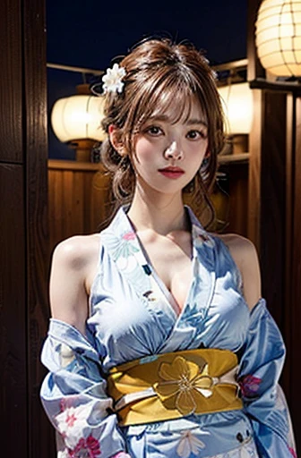 (2 girls:1.5), the finest beautiful girl, open your mouth slightly, realistic, very detailed CG 統合 8k 壁紙, very detailed, High resolution raw color photos, professional photos, realistic portrait, cinematic light, beautiful, (big breasts:1.5), (cleavage:1.2), (bare shoulders), (Floral pattern yukata with wide open chest:1.5), bare chest, outdoor, night, (最high quality:1.4), Super detailed, high quality, masterpiece
