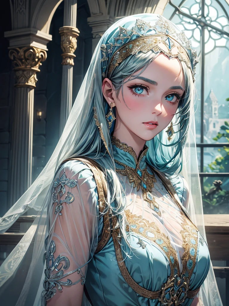 (best quality, high resolution, masterpiece:1.2), Super detailed, Beautiful and delicate lake green eyes, Beautiful and delicate lips, extremely detailed face, super long hair, 1 girl, Beautiful girl with aqua blue hair, Wearing a dark blue Luminous nun costume, Lace platinum nuns headscarf, (gold ornaments), ((golden and silver pattern)), (light blue pattern:1.37), (complex pattern:0.9), Lovely, attractive, portrait, delicate eyes, ancient  church, Luminous earrings, Reflective pupil, see-through clothing design, (empty:0.7), chiffon, (lace:0.7), black gloves, Cubist Futurism, anime, Cubist Futurism, anime, 8K, textured skin, UHD, ccurate, textured skin, super detail, UHD, ccurate