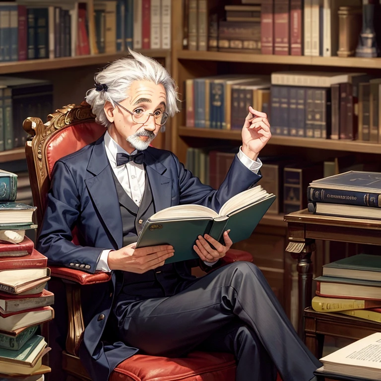 Image of 17-year-old Albert Einstein sitting in a library with glasses dressed in an elegant suit, leyendo un libro, con un perro Border Collie acostado al lado de su silla