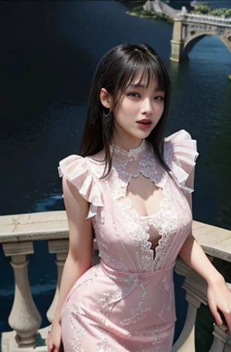 highest quality、masterpiece、ultra high resolution、actual、1 girl、Glossy skin、((surreal details))、global photo、8K、very intricate details、shining eyes、black straight hair、slender body、plump breasts、high key、Pure erotic face ace_V1、laughter、elegant pose、pink lace dress、Beautiful woman standing on the balcony of the castle