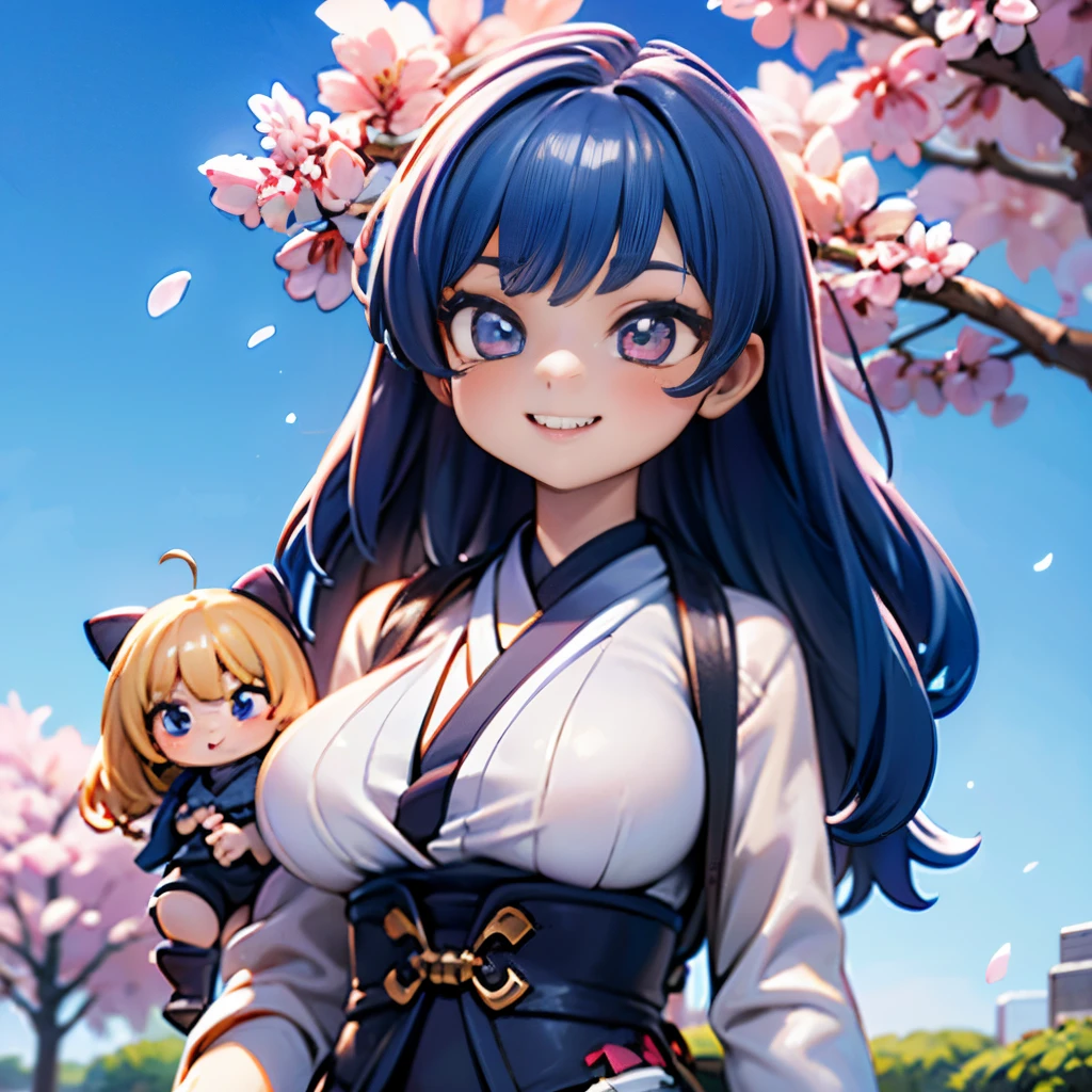 8K quality:1.5,High quallity,high resolution,photograph,cherry blossoms,(1体のDolls,2 headsキャラクタ:1.2),1 girl doll,(figure:1.5,Dolls),cute,smile,blue sky,((2 heads,Big face)),cherry blossoms柄の衣装,Upper body,Big breasts hidden under clothes,Wear all over the body