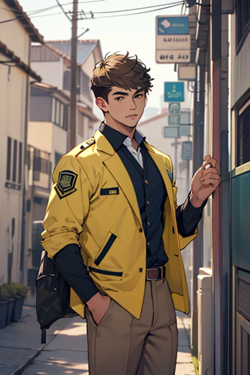 Genera un uniforme de color verde y beige para hombre de preparatoria solo el uniforme sin modelo