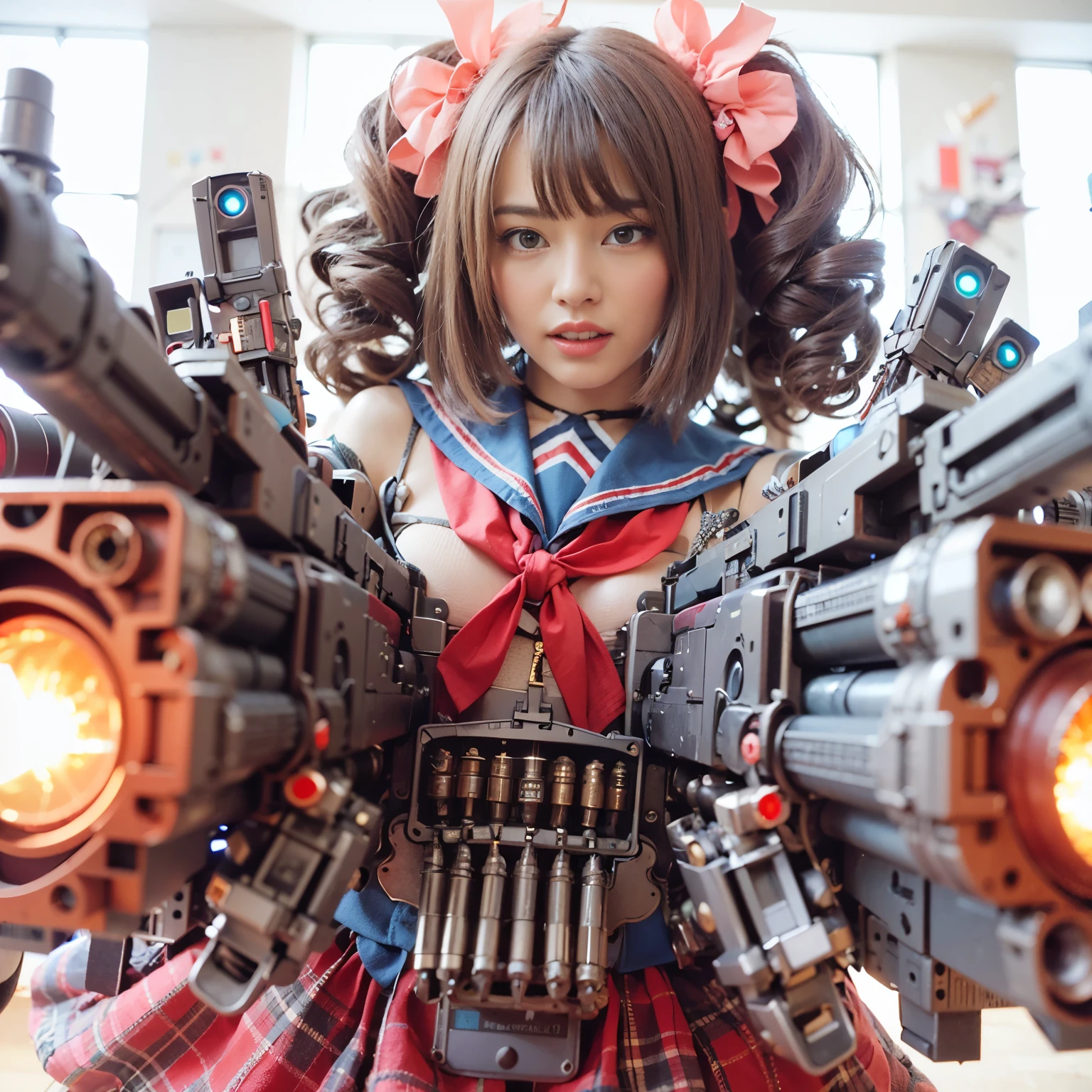 (top-quality:1.2, masterpiece)、ultra high resolution、extremely ultra surrealism, (Photorealsitic:1.4)、Raw photo、(Steampunk Battle Cyborg fallen angel)、large wings made of metal、black porcelain body、red hair、glowy skin、1 Cyborg girl、(mechanical frame:1.3)japanese, extremely cute face, ((super realistic details))、portrait、globalillumination、Shadow、octan render、8K、ultrasharp、character edge light、Details of complex ornaments、Acrylic Clear Cover、Sumerian details、Hydraulic cylinder、Small LED lamp、highly intricate detail、Realistic light、a purple eye、radiant eyes、Facing the camera、neon details、cowboy shot、Futuristic headgear、About Cyberpunk