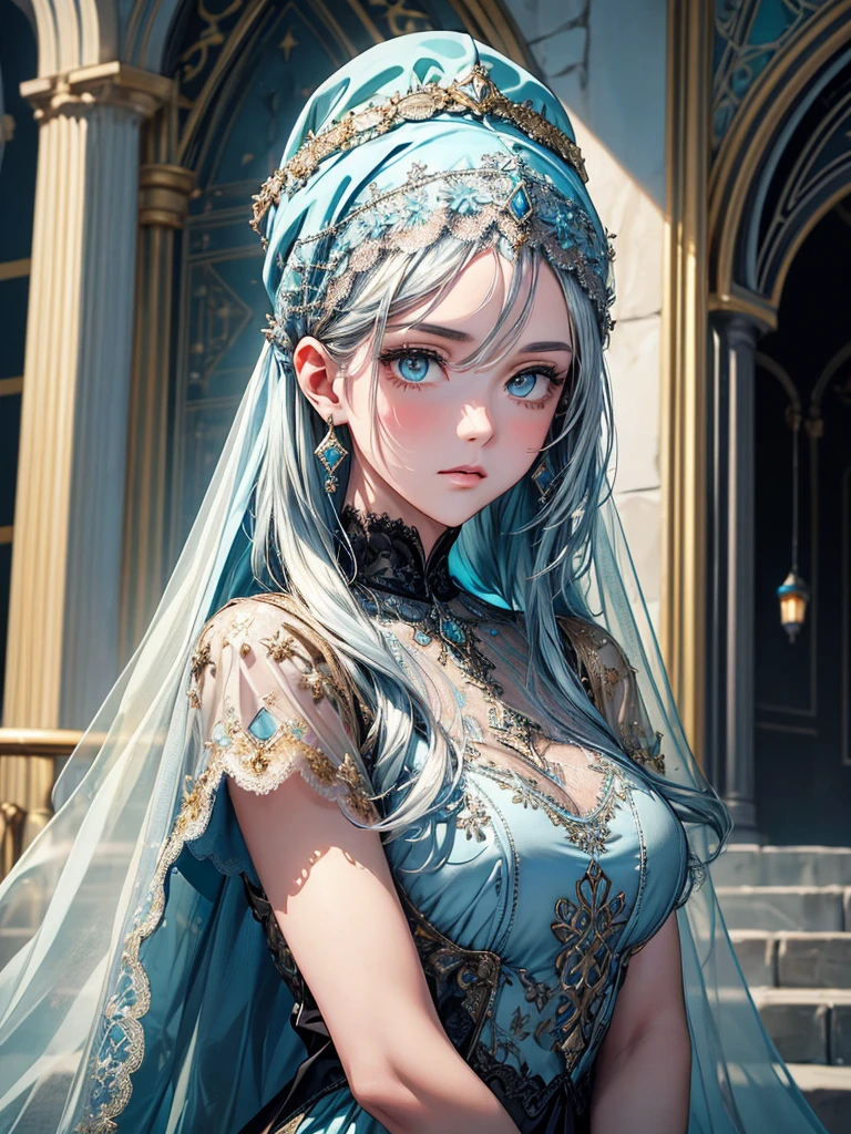 (best quality, high resolution, masterpiece:1.2), Super detailed, Beautiful and delicate lake green eyes, Beautiful and delicate lips, extremely detailed face, super long hair, 1 girl, Beautiful girl with aqua blue hair, Wearing a dark blue Luminous nun costume, Lace platinum nuns headscarf, (gold ornaments), ((golden and silver pattern)), (light blue pattern:1.37), (complex pattern:0.9), Lovely, attractive, portrait, delicate eyes, ancient church, Luminous earrings, Reflective pupil, see-through clothing design, (empty:0.7), chiffon, (lace:0.7), black gloves, Cubist Futurism, anime, Cubist Futurism, anime, 8K, textured skin, UHD, ccurate, textured skin, super detail, UHD, ccurate