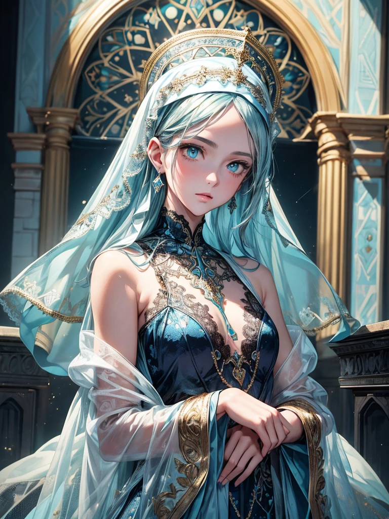 (best quality, high resolution, masterpiece:1.2), Super detailed, Beautiful and delicate lake green eyes, Beautiful and delicate lips, extremely detailed face, super long hair, 1 girl, Beautiful girl with aqua blue hair, Wearing a dark blue Luminous nun costume, Lace platinum nuns headscarf, (gold ornaments), ((golden and silver pattern)), (light blue pattern:1.37), (complex pattern:0.9), Lovely, attractive, portrait, delicate eyes, ancient  church, Luminous earrings, Reflective pupil, see-through clothing design, (empty:0.7), chiffon, (lace:0.7), black gloves, Cubist Futurism, anime, Cubist Futurism, anime, 8K, textured skin, UHD, ccurate, textured skin, super detail, UHD, ccurate