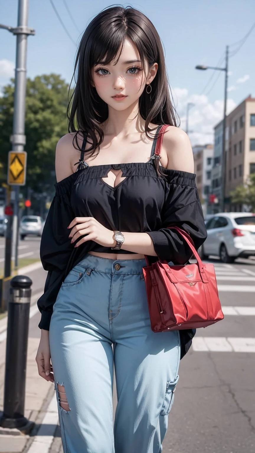(最high quality, 8K, masterpiece: 1.3, Ultra HD, high quality, 最high quality, High resolution, realism)) 、25 year old white woman、brunette、blue eyes、long hair、smile、slender、slenderだがアスリートのような細マッチョ、I don't want my head to disappear from the screen.、Wear accessories on your wrist、Wearing red nail polish、I have a peticure、Sheer off-the-shoulder top((shoulder cutout tops))wear、Sheer Aladdin pants((aladdin pants))Wear、サンダルWear、Carry a tote bag over your shoulder、princess cut((hime cut))、Skyscraper background、Waiting for a traffic light at an intersection