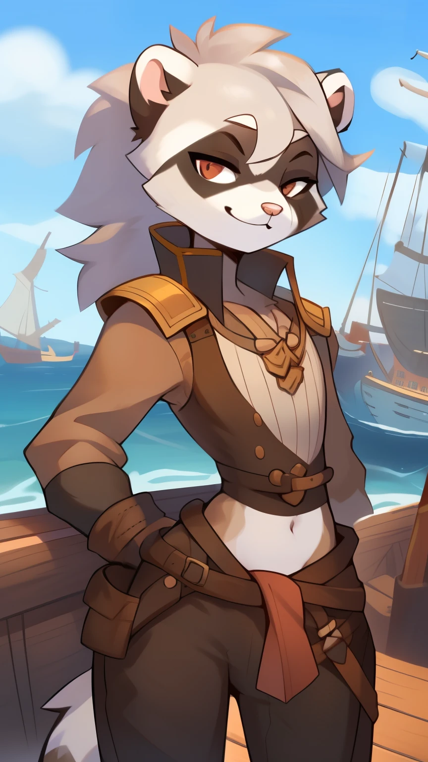 Best quality, Super detailed illustration, (furry ferret boy:1.4) , feminine face and body, disheveled thick hair, pirate clothes, smug smile, half-closed eyes , against the background of the harbor ,femboy ,small waist, wide hips, slim, perfect body, style &quot;DND&quot;