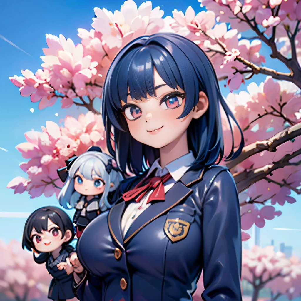 8K quality:1.5,High quallity,high resolution,photograph,cherry blossoms,(1体のDolls,2 headsキャラクタ:1.2),1 girl doll,(figure:1.5,Dolls),cute,smile,blue sky,((2 heads,Big face)),cherry blossoms柄の洋服,Upper body,Big breasts hidden under clothes,Wear all over the body