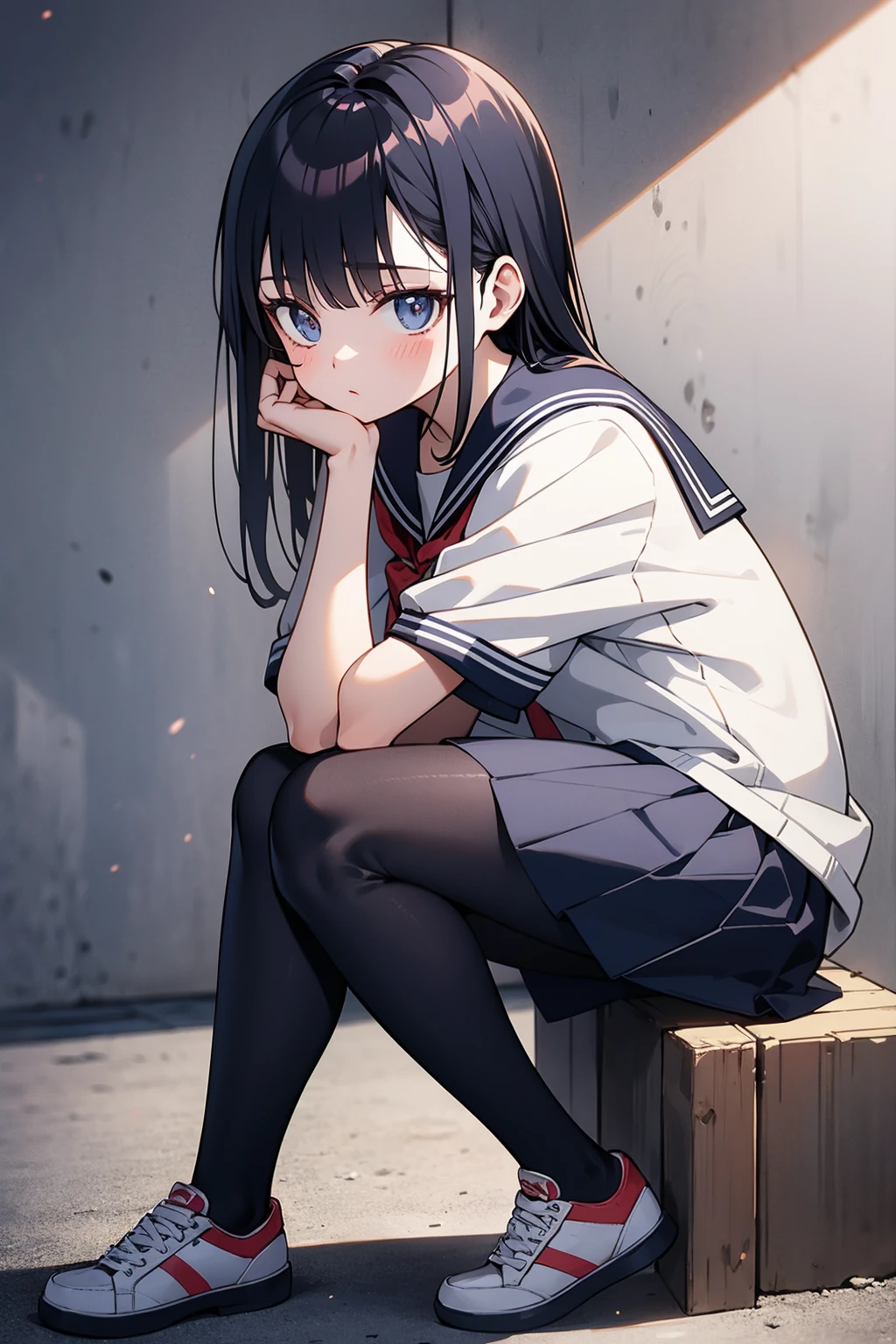 (anime)，masterpiece，top quality，best quality，cinematic shadow，(low angle)，(a woman)，solo，anime girl，(extremely detailed hair and face)，nail polish，(Sailor suit and pleated skirt with pantyhose)，bare neck，[sports shoes]，Sitting on the sofa，Shabby wall background，(trend)，photo frame，Graffiti on the wall，dark feeling，dark tones