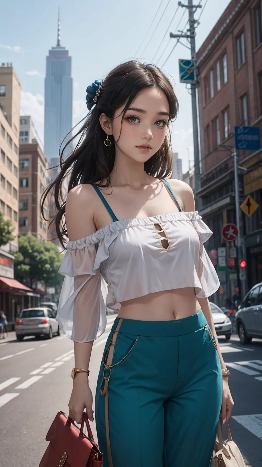 (最high quality, 8K, masterpiece: 1.3, Ultra HD, high quality, 最high quality, High resolution, realism)) 、25 year old white woman、brunette、blue eyes、long hair、smile、slender、slenderだがアスリートのような細マッチョ、I don't want my head to disappear from the screen.、Wear accessories on your wrist、Wearing red nail polish、I have a peticure、Sheer off-the-shoulder top((shoulder cutout tops))wear、Sheer Aladdin pants((aladdin pants))Wear、サンダルWear、Carry a tote bag over your shoulder、princess cut((hime cut))、Skyscraper background、Waiting for a traffic light at an intersection