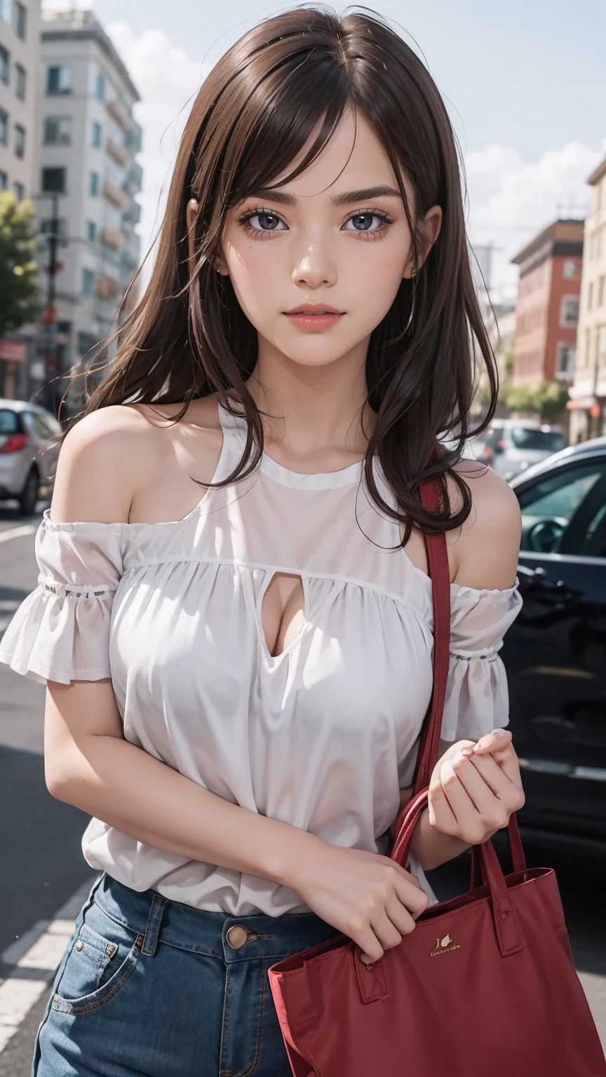 femele1People only、Upper body naked、I'm not wearing anything、ample breasts、Rich Perfect Style、Transparent blouse、Wearing micro mini shorts、European Street、