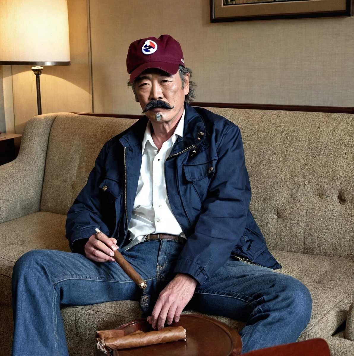 Scruffy the Janitor smoke cigar sitting at Sofas on Korean Hotel, Maroon Cotton Cap, Gray Mustache, Navy Jacket and white shirt, navy jeans, Art Spiegelman