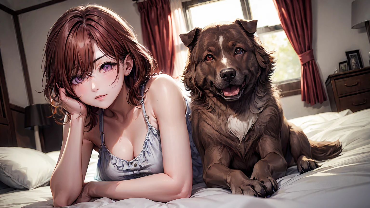 Super detailed(eye:1.7),highest quality、best image quality、on the bed、beautiful cleavage、disheveled clothes、thin、humiliated face、dog pose、Super detailed、small breasts